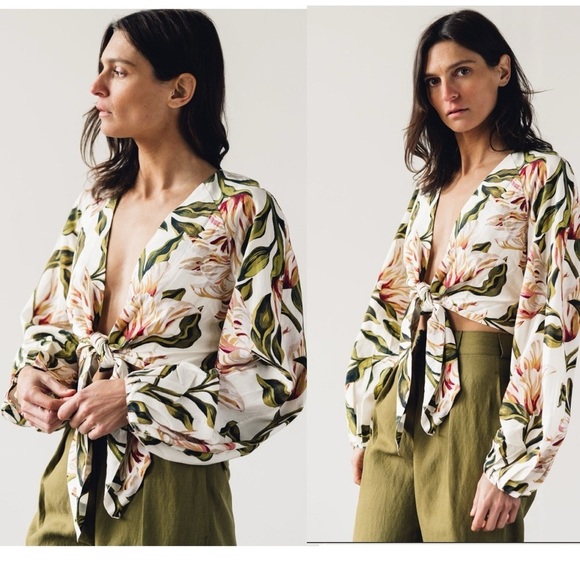 MARA HOFFMAN Gianna Tie Front Cropped Long Sleeve Floral Print Blouse Top Medium - Picture 6 of 8